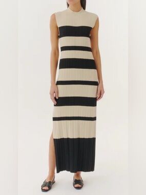 Striped Ribbed Maxi Dress in Black and Cream